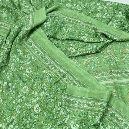 Indian Vintage Green Saree Moss Crepe Printed Sari 5yd Sewing Floral Soft Craft Fabric Dressmaking For Crafting Quilting Upcycle
