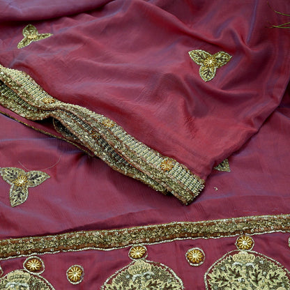 Indian Vintage Heavy Sarees Purple & Peach Pure Silk Hand Embroidered Sari Fabric 5Yd Sewing Ethnic Zardozi/dabka zari Wedding sarees