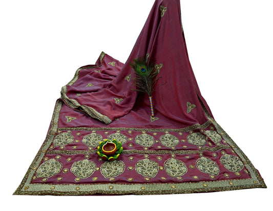 Indian Vintage Heavy Sarees Purple & Peach Pure Silk Hand Embroidered Sari Fabric 5Yd Sewing Ethnic Zardozi/dabka zari Wedding sarees