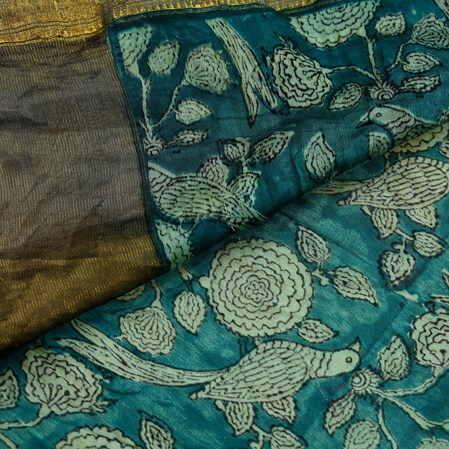 Indian Vintage Green Saree Block Printed Sari Pure chanderi Silk Sari Craft Fabric 5Yd Floral Soft Zari Dress making Bollywood saree Birds