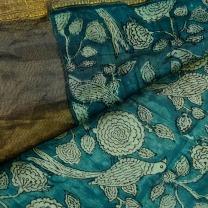 Indian Vintage Green Saree Block Printed Sari Pure chanderi Silk Sari Craft Fabric 5Yd Floral Soft Zari Dress making Bollywood saree Birds