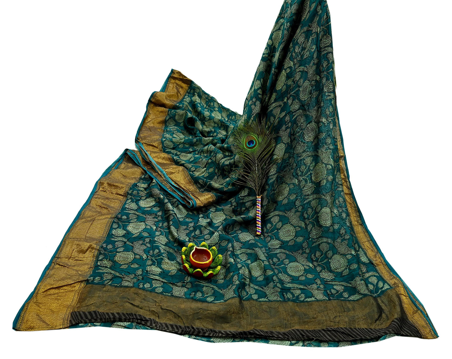 Indian Vintage Green Saree Block Printed Sari Pure chanderi Silk Sari Craft Fabric 5Yd Floral Soft Zari Dress making Bollywood saree Birds