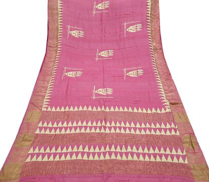 Indian Vintage Pink Saree Pure Khadi Silk Handloom Woven Zari Sari Craft Fabric 5yd Ethnic Wear Border Dress making Upcycle