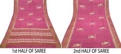 Indian Vintage Pink Saree Pure Khadi Silk Handloom Woven Zari Sari Craft Fabric 5yd Ethnic Wear Border Dress making Upcycle
