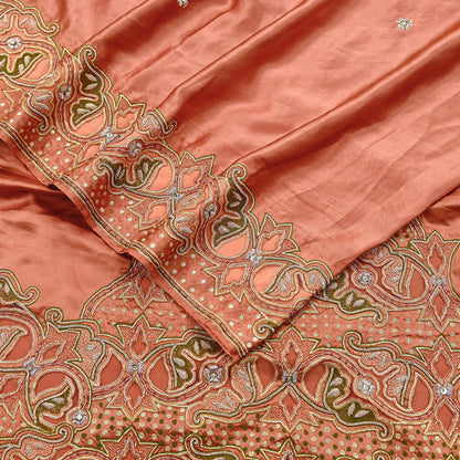 Indian Vintage Heavy Peach Sari  Hand Embroidered Saree 100% Pure Satin Silk Craft Fabric 5yd Soft Dress making Wedding/Party Wear Zardozi