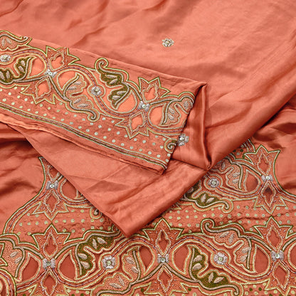 Indian Vintage Heavy Peach Sari  Hand Embroidered Saree 100% Pure Satin Silk Craft Fabric 5yd Soft Dress making Wedding/Party Wear Zardozi