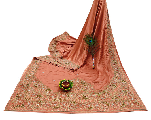 Indian Vintage Heavy Peach Sari  Hand Embroidered Saree 100% Pure Satin Silk Craft Fabric 5yd Soft Dress making Wedding/Party Wear Zardozi