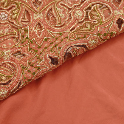 Indian Vintage Heavy Peach Sari  Hand Embroidered Saree 100% Pure Satin Silk Craft Fabric 5yd Soft Dress making Wedding/Party Wear Zardozi