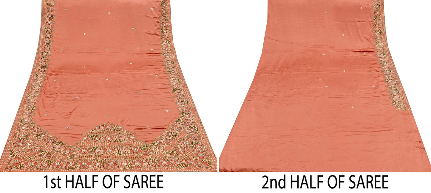 Indian Vintage Heavy Peach Sari  Hand Embroidered Saree 100% Pure Satin Silk Craft Fabric 5yd Soft Dress making Wedding/Party Wear Zardozi