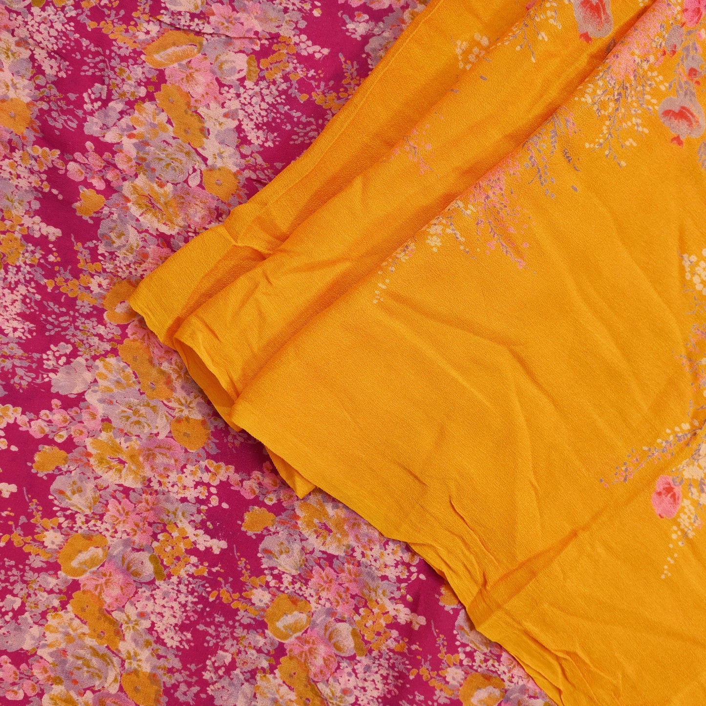 Indian Vintage Sari Saffron & Pink 100% Pure Silk Printed Sarees 5yd Sewing Craft Fabric DressMaking Soft Floral Quilting Crafting Upcycle