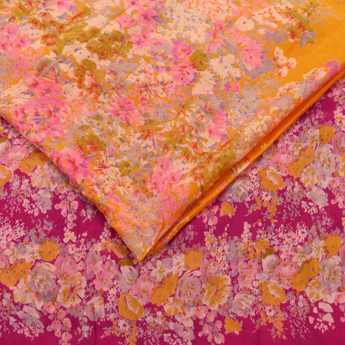 Indian Vintage Sari Saffron & Pink 100% Pure Silk Printed Sarees 5yd Sewing Craft Fabric DressMaking Soft Floral Quilting Crafting Upcycle