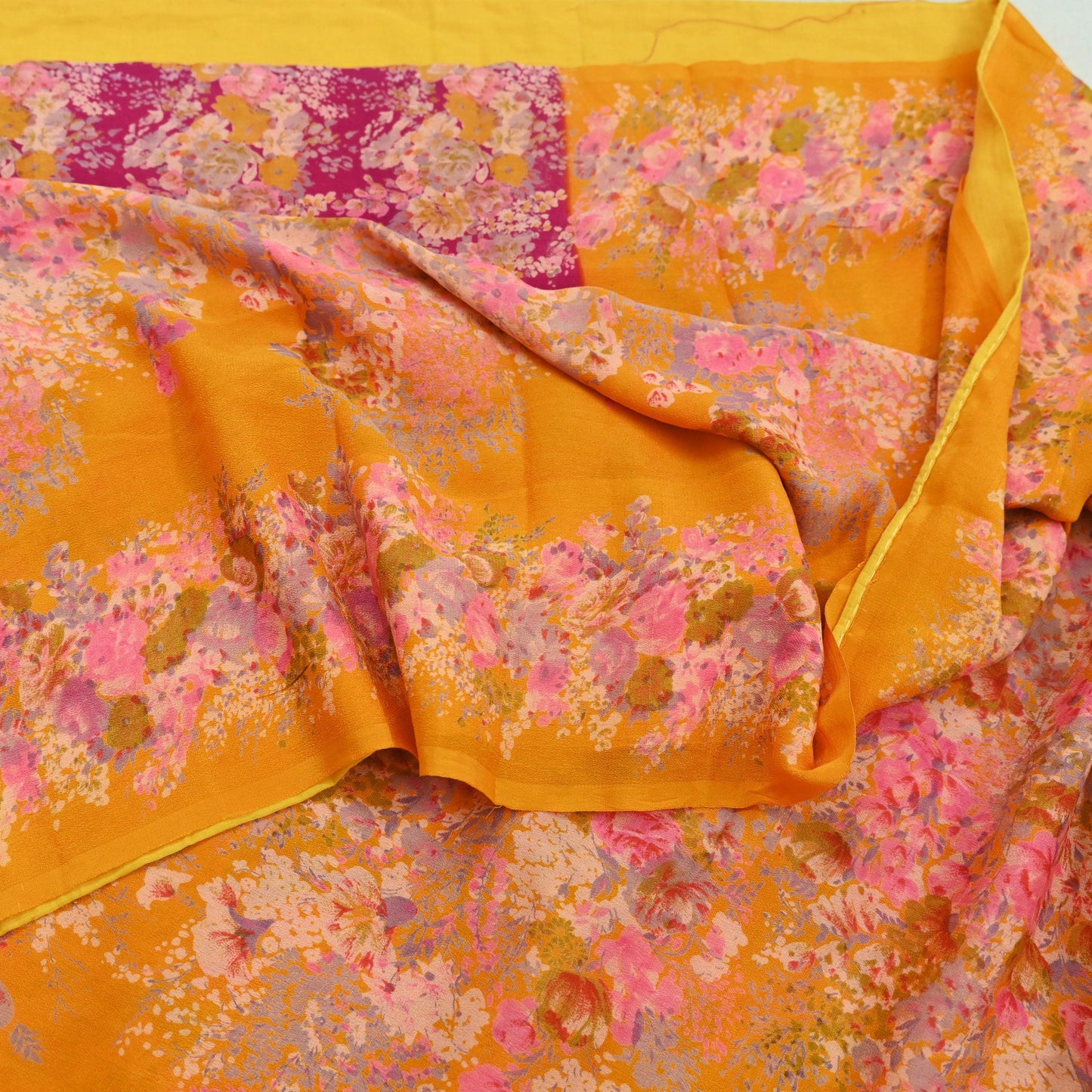 Indian Vintage Sari Saffron & Pink 100% Pure Silk Printed Sarees 5yd Sewing Craft Fabric DressMaking Soft Floral Quilting Crafting Upcycle