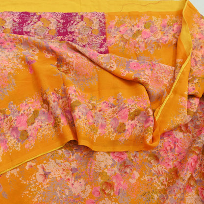 Indian Vintage Sari Saffron & Pink 100% Pure Silk Printed Sarees 5yd Sewing Craft Fabric DressMaking Soft Floral Quilting Crafting Upcycle