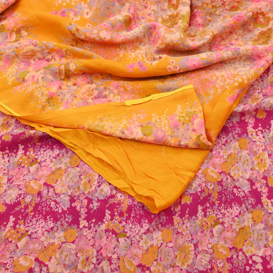 Indian Vintage Sari Saffron & Pink 100% Pure Silk Printed Sarees 5yd Sewing Craft Fabric DressMaking Soft Floral Quilting Crafting Upcycle