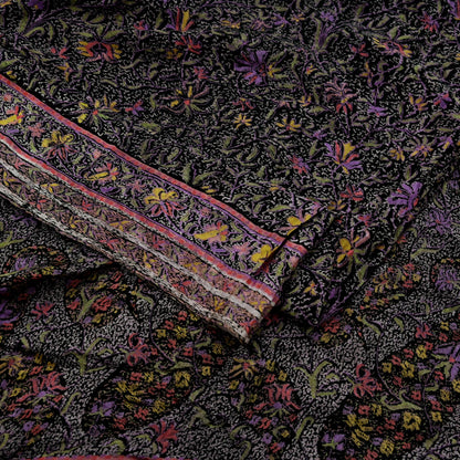 Indian Vintage Sari Black Printed Pure Silk Sarees Craft Fabric 6yd Sewing Floral Soft Dress Designing  for Crafting Quilting Upcycle Wrap