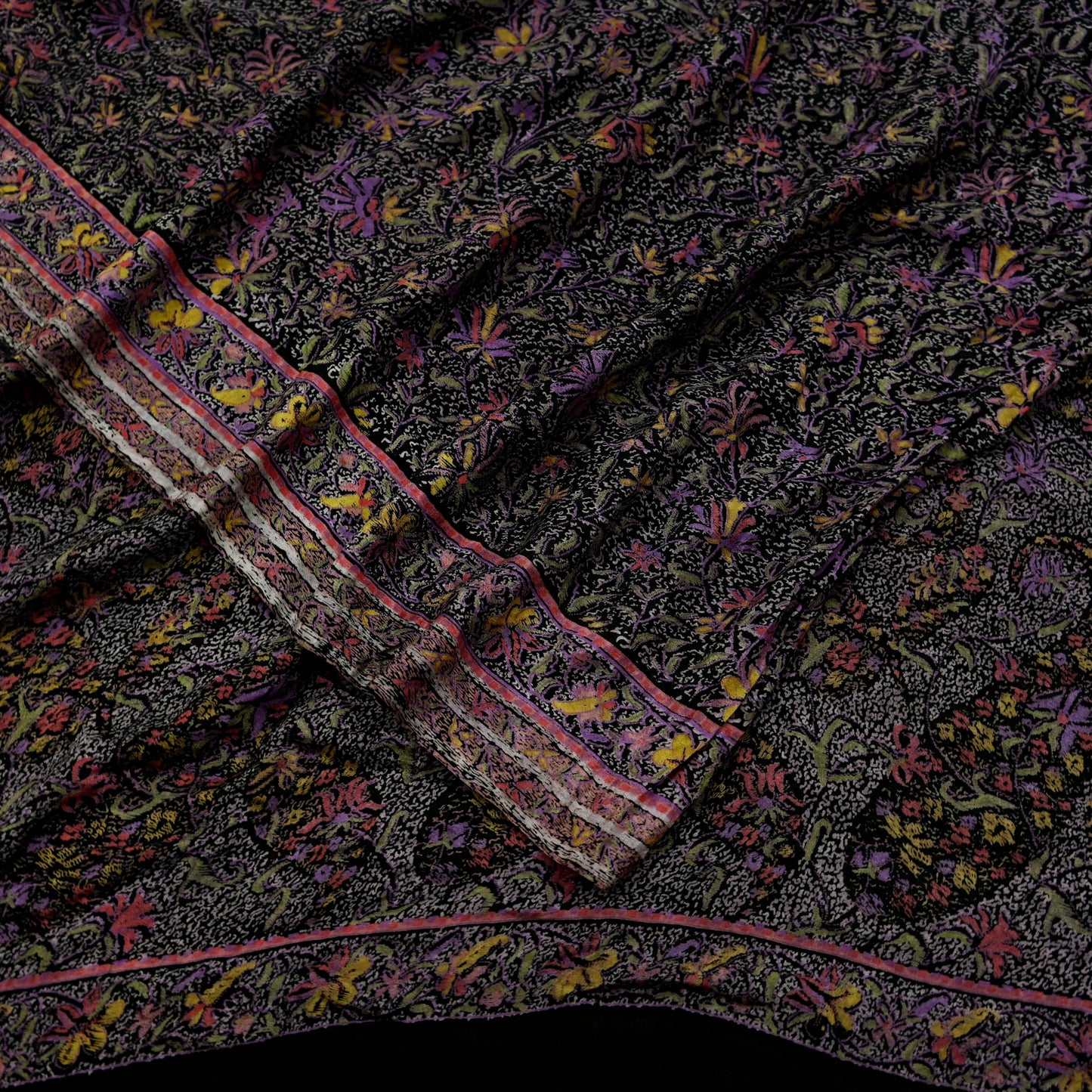 Indian Vintage Sari Black Printed Pure Silk Sarees Craft Fabric 6yd Sewing Floral Soft Dress Designing  for Crafting Quilting Upcycle Wrap