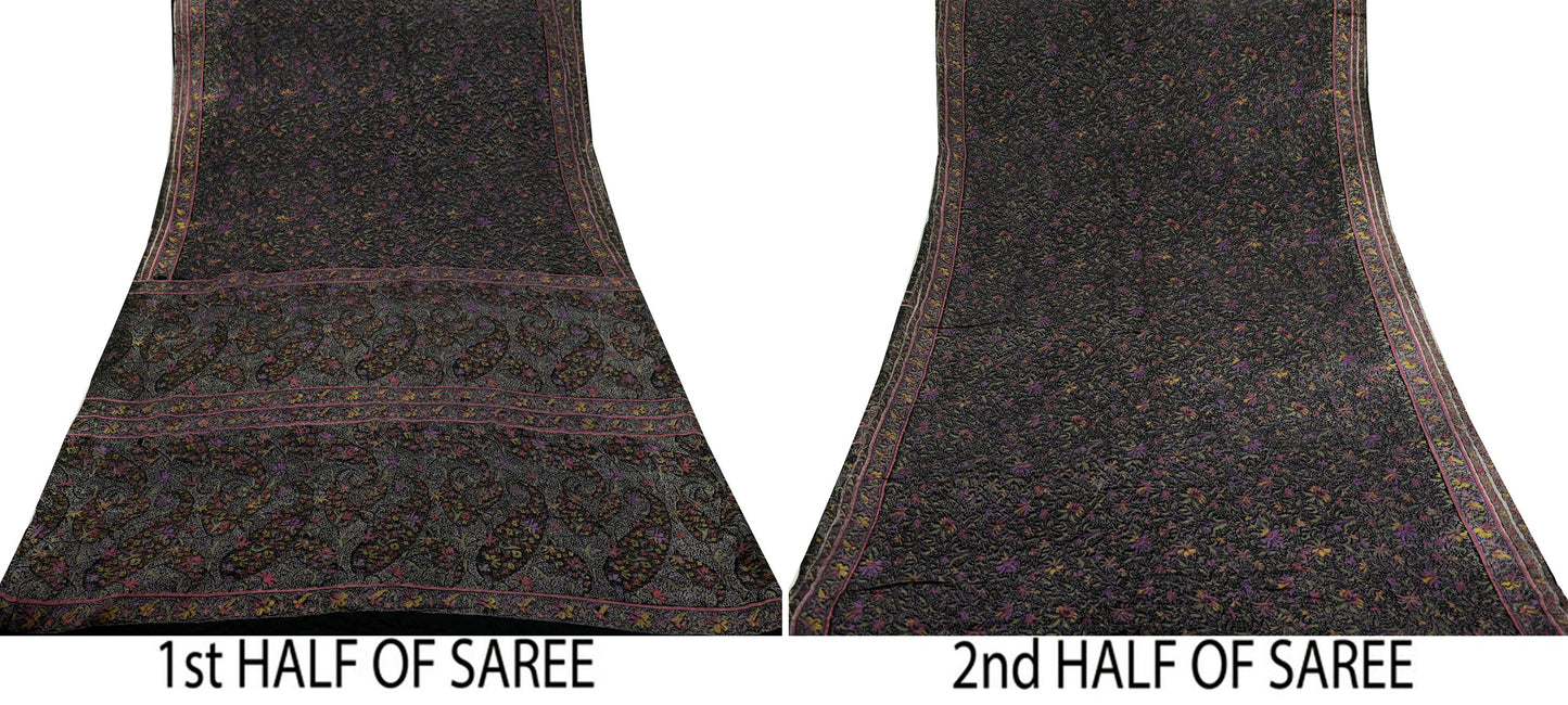 Indian Vintage Sari Black Printed Pure Silk Sarees Craft Fabric 6yd Sewing Floral Soft Dress Designing  for Crafting Quilting Upcycle Wrap