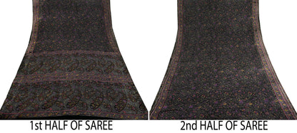 Indian Vintage Sari Black Printed Pure Silk Sarees Craft Fabric 6yd Sewing Floral Soft Dress Designing  for Crafting Quilting Upcycle Wrap