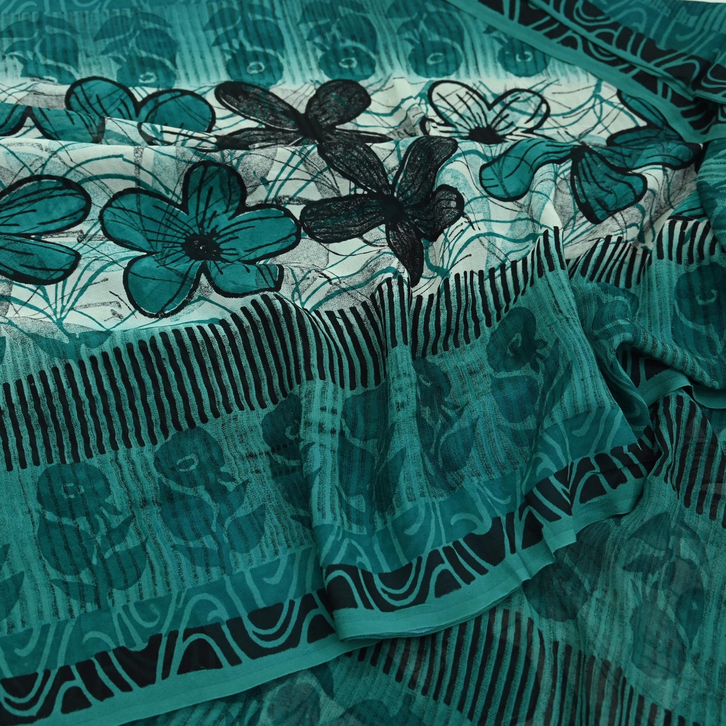Indian Vintage Sari Green 100% Pure Georgette Silk Hand Block Printed Sarees Sewing 5yd Craft Fabric Soft Dress Designing for Crafting