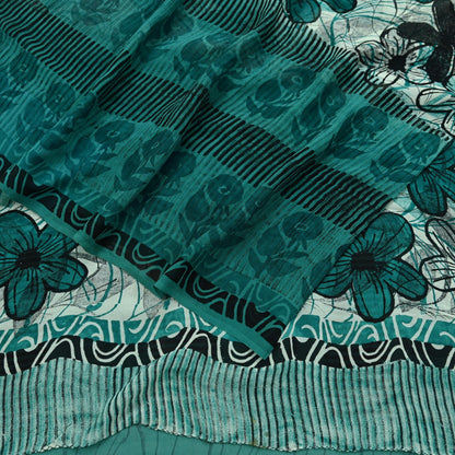 Indian Vintage Sari Green 100% Pure Georgette Silk Hand Block Printed Sarees Sewing 5yd Craft Fabric Soft Dress Designing for Crafting