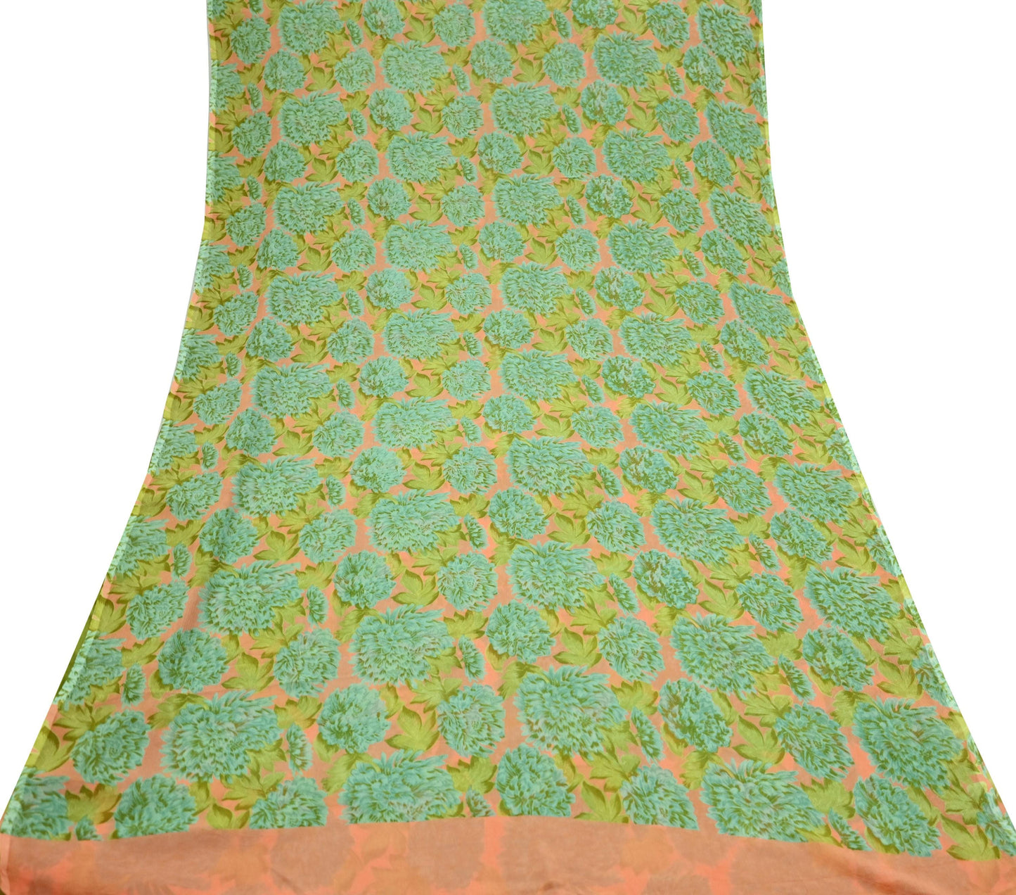 Indian Vintage Sari Orange & Green Pure Chiffon Silk Printed Sarees Craft Fabric Sewing 5Yard Soft Light Sari Dress Making