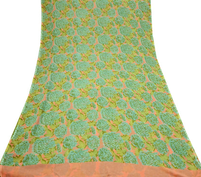 Indian Vintage Sari Orange & Green Pure Chiffon Silk Printed Sarees Craft Fabric Sewing 5Yard Soft Light Sari Dress Making