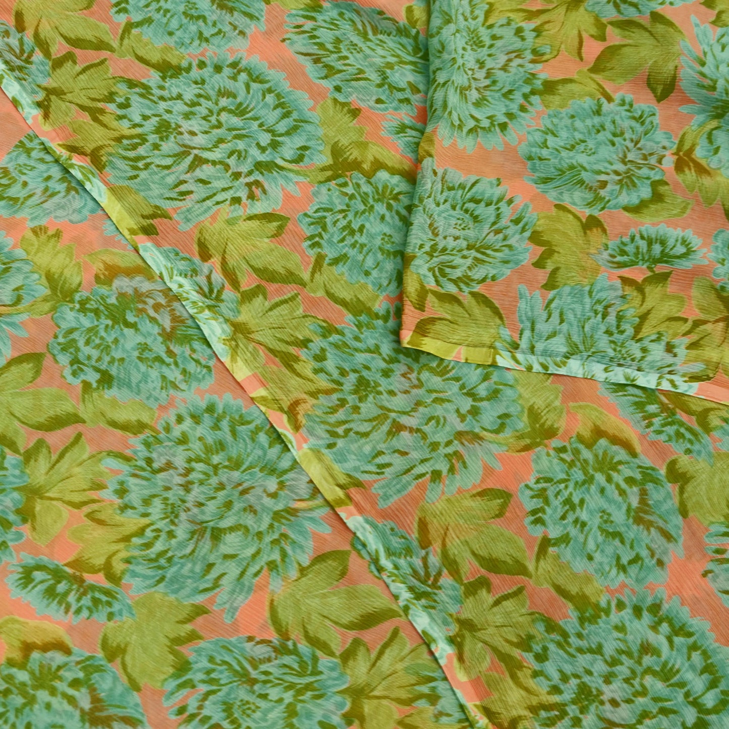 Indian Vintage Sari Orange & Green Pure Chiffon Silk Printed Sarees Craft Fabric Sewing 5Yard Soft Light Sari Dress Making