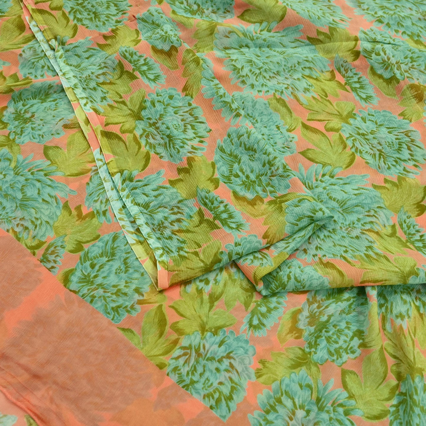 Indian Vintage Sari Orange & Green Pure Chiffon Silk Printed Sarees Craft Fabric Sewing 5Yard Soft Light Sari Dress Making