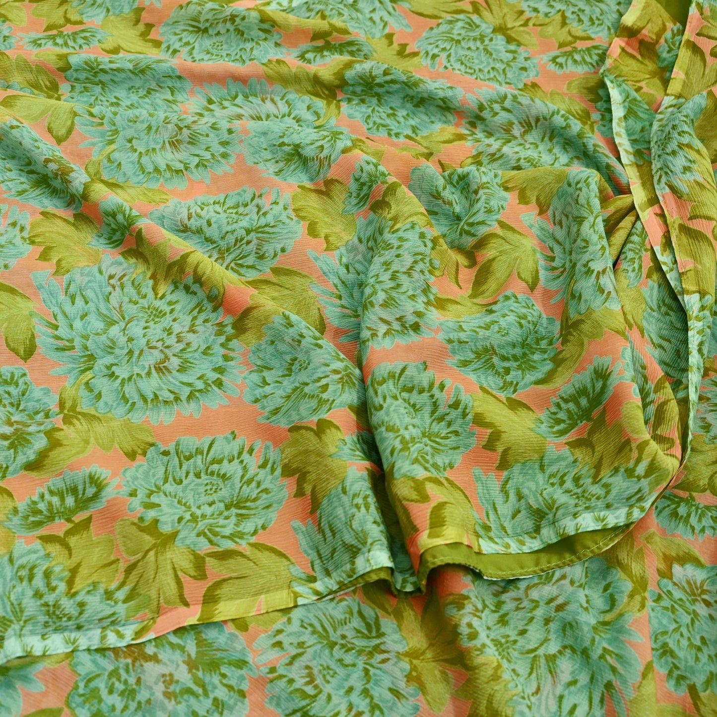 Indian Vintage Sari Orange & Green Pure Chiffon Silk Printed Sarees Craft Fabric Sewing 5Yard Soft Light Sari Dress Making