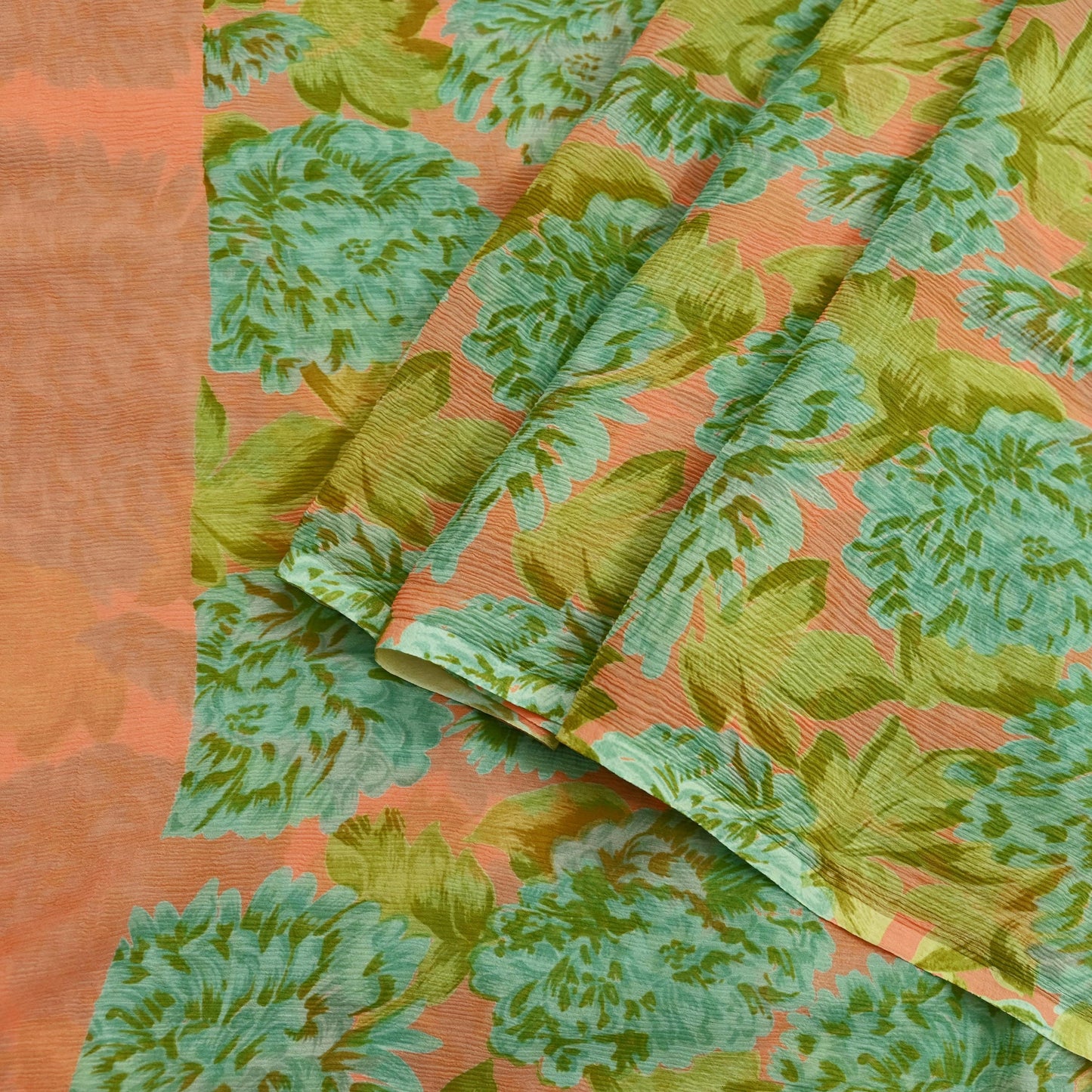 Indian Vintage Sari Orange & Green Pure Chiffon Silk Printed Sarees Craft Fabric Sewing 5Yard Soft Light Sari Dress Making