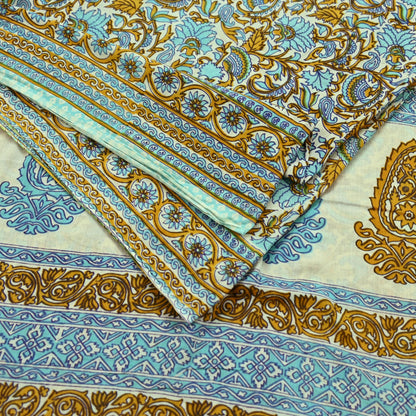 Indian Vintage Sari Ivory Block Printed Pure Cotton Sarees 5Yd Craft Fabric Sewing Sarong Wrap Boho Upcycle quilting Dress making