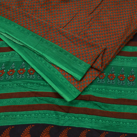 Indian Vintage Sari Green & Orange Printed Pure Cotton Sarees Craft Fabric Soft 5Yd Sewing Sarong Wrap Boho Floral Upcycle Dress making