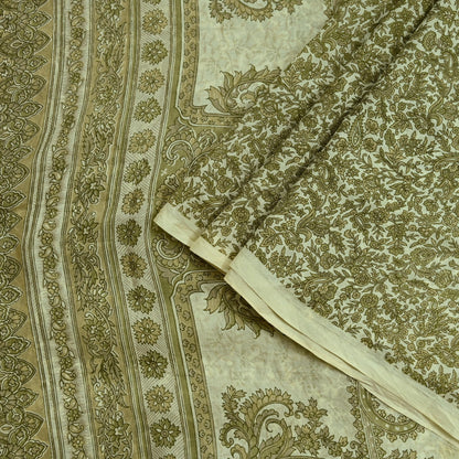 Indian Vintage Ivory Saree Pure Silk Printed Sari 5yd Sewing Craft Fabric Dress Making Soft Crafting Quilting Quilting Upcycle Paisley