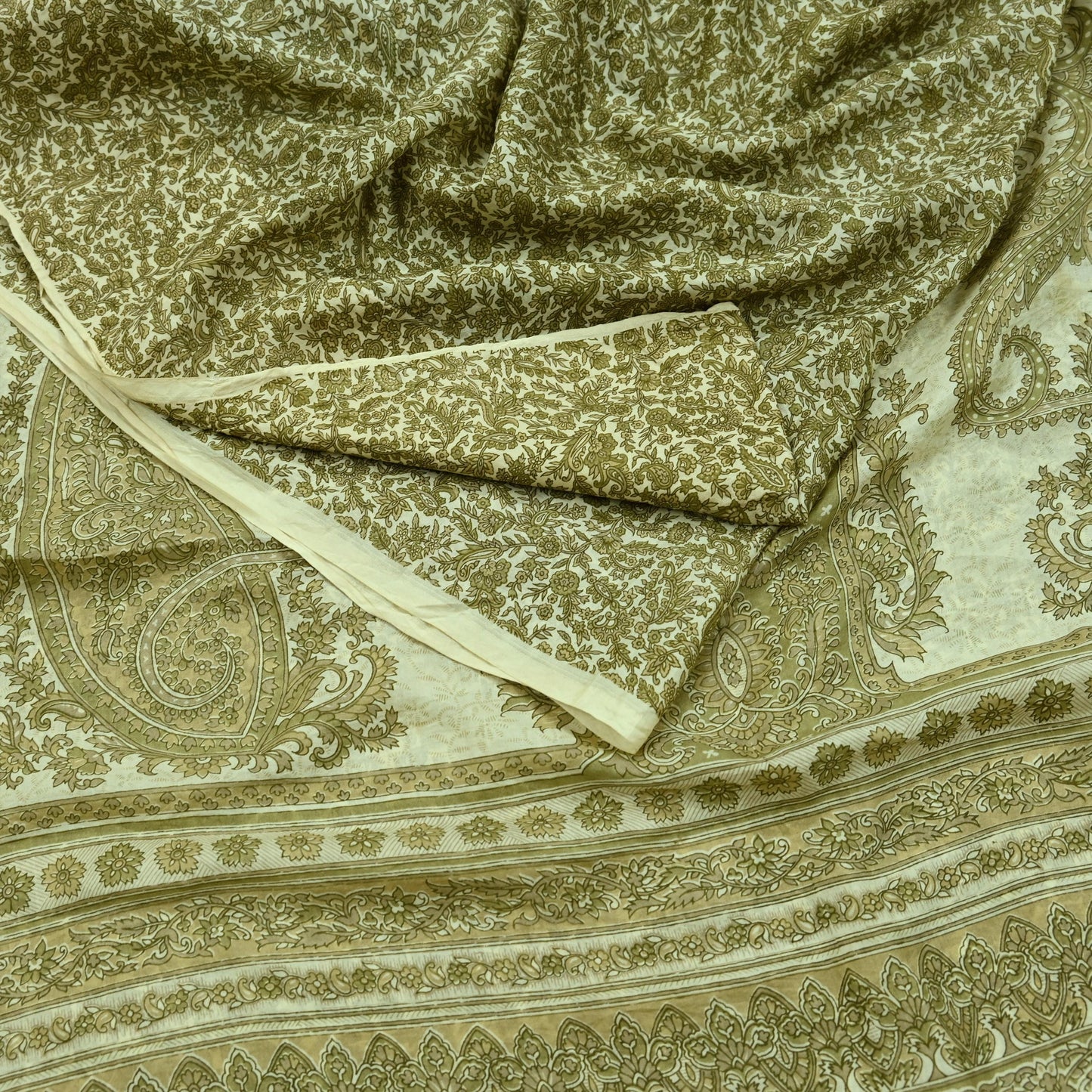 Indian Vintage Ivory Saree Pure Silk Printed Sari 5yd Sewing Craft Fabric Dress Making Soft Crafting Quilting Quilting Upcycle Paisley