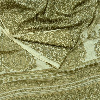Indian Vintage Ivory Saree Pure Silk Printed Sari 5yd Sewing Craft Fabric Dress Making Soft Crafting Quilting Quilting Upcycle Paisley