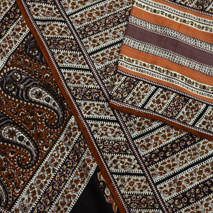 Indian Vintage Sari Brown & Ivory Printed 100% Pure Satin Silk Sarees 5yd Sewing Craft Fabric Dress Making Wrap Upcycle Quilting Crafting
