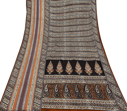 Indian Vintage Sari Brown & Ivory Printed 100% Pure Satin Silk Sarees 5yd Sewing Craft Fabric Dress Making Wrap Upcycle Quilting Crafting