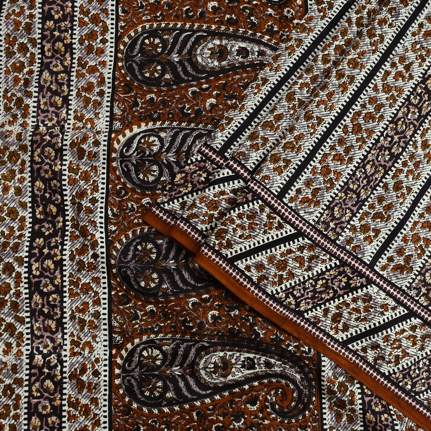 Indian Vintage Sari Brown & Ivory Printed 100% Pure Satin Silk Sarees 5yd Sewing Craft Fabric Dress Making Wrap Upcycle Quilting Crafting