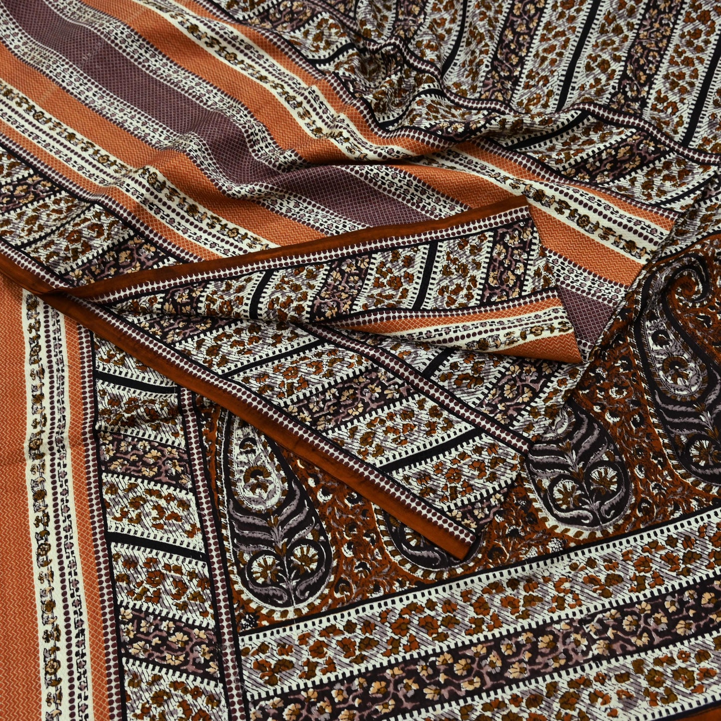 Indian Vintage Sari Brown & Ivory Printed 100% Pure Satin Silk Sarees 5yd Sewing Craft Fabric Dress Making Wrap Upcycle Quilting Crafting