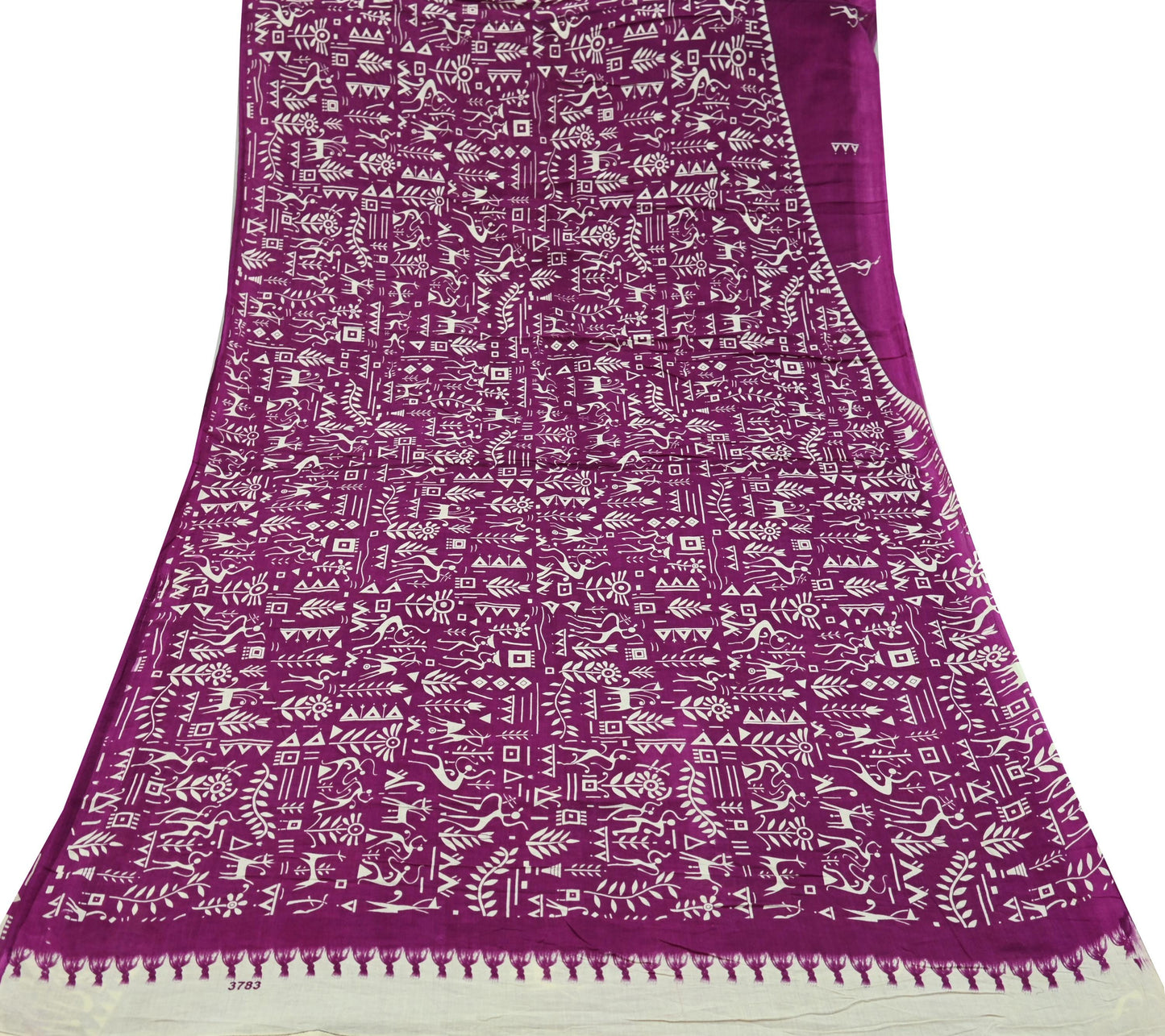 Indian Vintage Sari Purple & Ivory Warli Printed Saree 100% Pure Cotton 5Yd Craft Fabric Soft Sewing Sarong Wrap Quilting Dress Making
