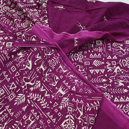 Indian Vintage Sari Purple & Ivory Warli Printed Saree 100% Pure Cotton 5Yd Craft Fabric Soft Sewing Sarong Wrap Quilting Dress Making