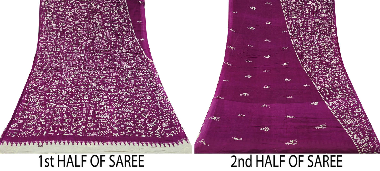 Indian Vintage Sari Purple & Ivory Warli Printed Saree 100% Pure Cotton 5Yd Craft Fabric Soft Sewing Sarong Wrap Quilting Dress Making