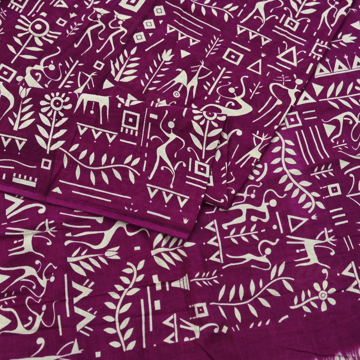 Indian Vintage Sari Purple & Ivory Warli Printed Saree 100% Pure Cotton 5Yd Craft Fabric Soft Sewing Sarong Wrap Quilting Dress Making
