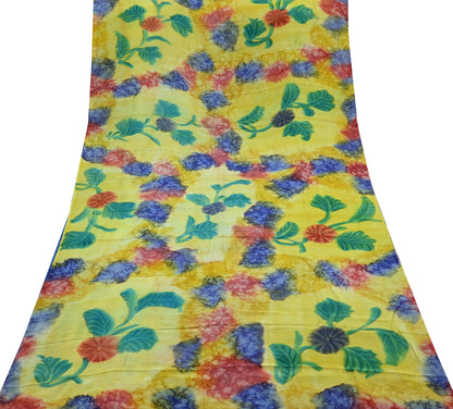 Indian Vintage Sari Yellow & Multi Pure Crepe Silk Block Printed Saree 5yd Sewing Floral Craft Fabric Wrap Dress making Crafting