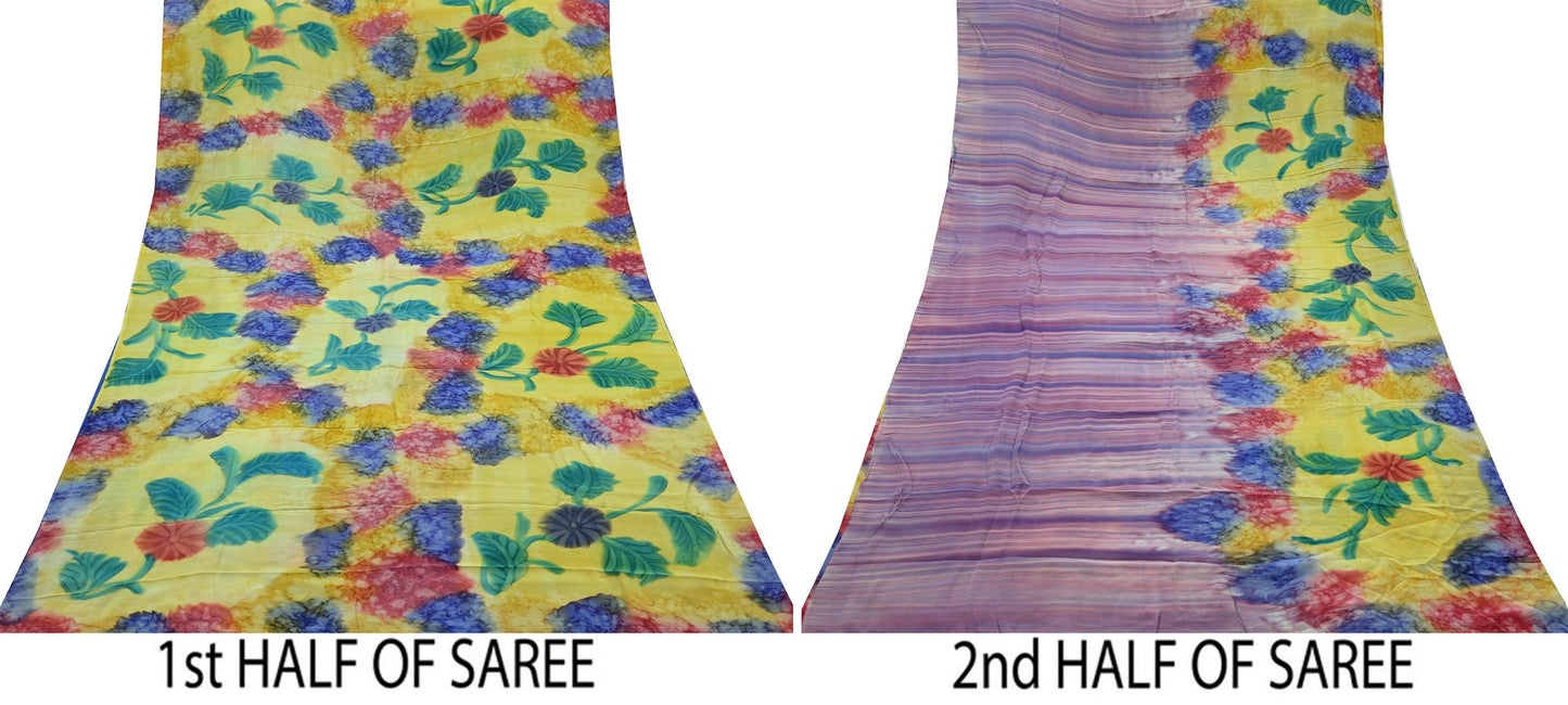 Indian Vintage Sari Yellow & Multi Pure Crepe Silk Block Printed Saree 5yd Sewing Floral Craft Fabric Wrap Dress making Crafting