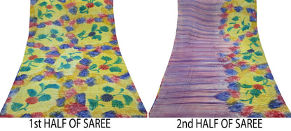 Indian Vintage Sari Yellow & Multi Pure Crepe Silk Block Printed Saree 5yd Sewing Floral Craft Fabric Wrap Dress making Crafting