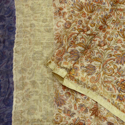 Indian Women Vintage Beige Saree Pure Chiffon Silk Printed Sari Craft Fabric Sewing 5Yd Soft Light Sari Dress Making Zari