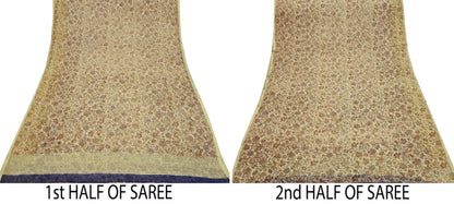 Indian Women Vintage Beige Saree Pure Chiffon Silk Printed Sari Craft Fabric Sewing 5Yd Soft Light Sari Dress Making Zari
