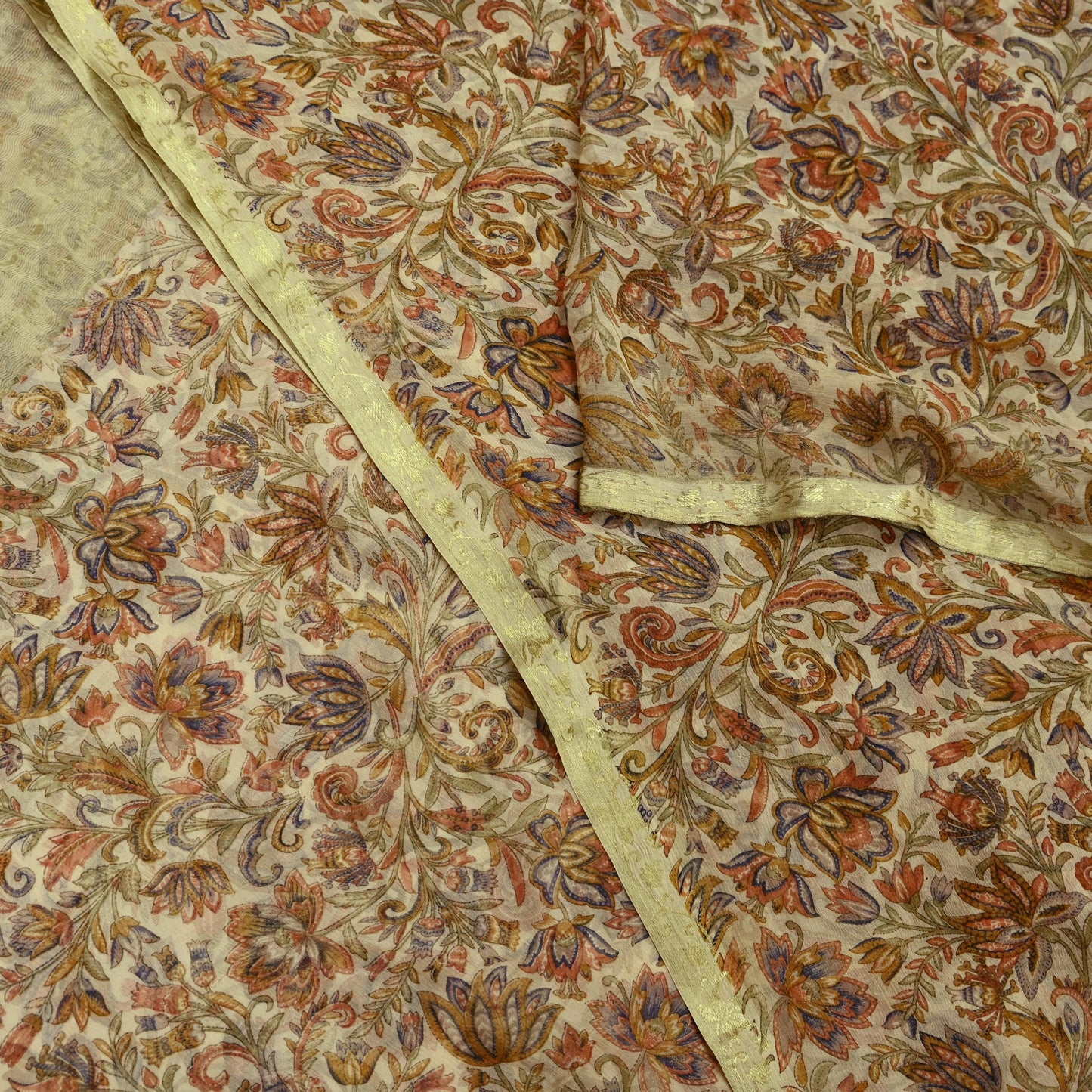Indian Women Vintage Beige Saree Pure Chiffon Silk Printed Sari Craft Fabric Sewing 5Yd Soft Light Sari Dress Making Zari