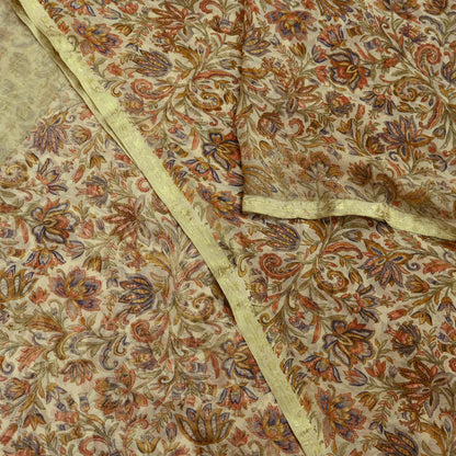 Indian Women Vintage Beige Saree Pure Chiffon Silk Printed Sari Craft Fabric Sewing 5Yd Soft Light Sari Dress Making Zari